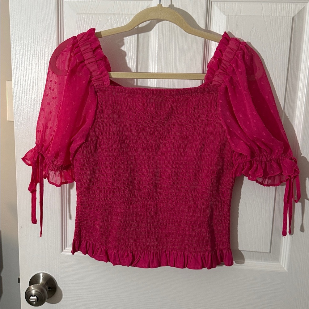 CECE Fuchsia Smocked Blouse with sheer Puff Sleeves, M - Picture 4 of 5